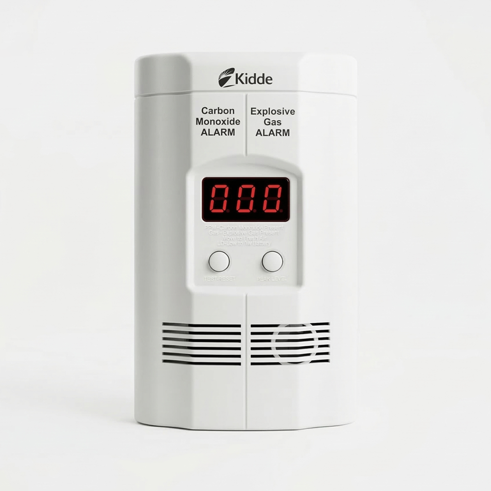 A front view of the Kidde Plug-in Gas and Carbon Monoxide Detector with Battery Backup, showing its white utilitarian housing, integrated 110V power plug, and a digital LED display designed to provide real-time CO and explosive gas alerts.