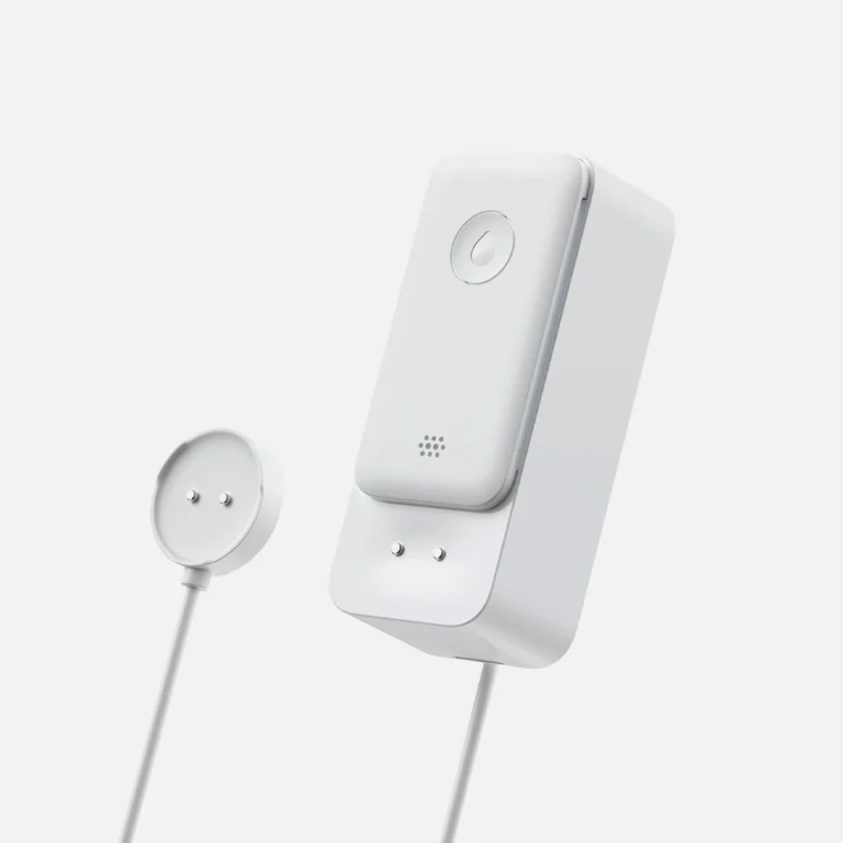 A professional studio shot of a white SwitchBot WiFi water leak detector on a solid white background, showcasing the four highly sensitive metal contact probes on its base.