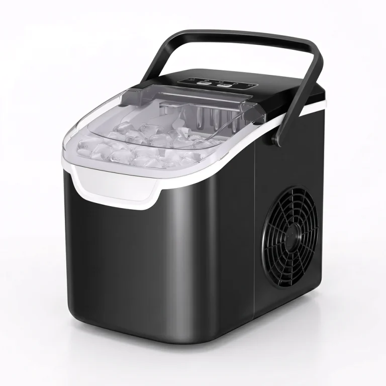 Front view of the black Antarctic Star Ice Maker Machine Countertop, featuring a convenient carrying handle, side exhaust fan, and a clear viewing window revealing a basket full of fresh bullet ice.