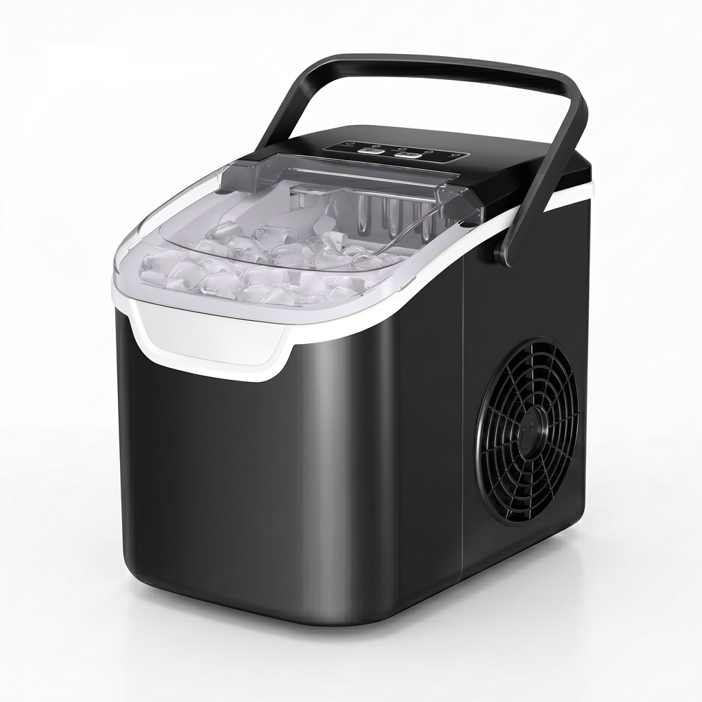 Front view of the black Antarctic Star Ice Maker Machine Countertop, featuring a convenient carrying handle, side exhaust fan, and a clear viewing window revealing a basket full of fresh bullet ice.