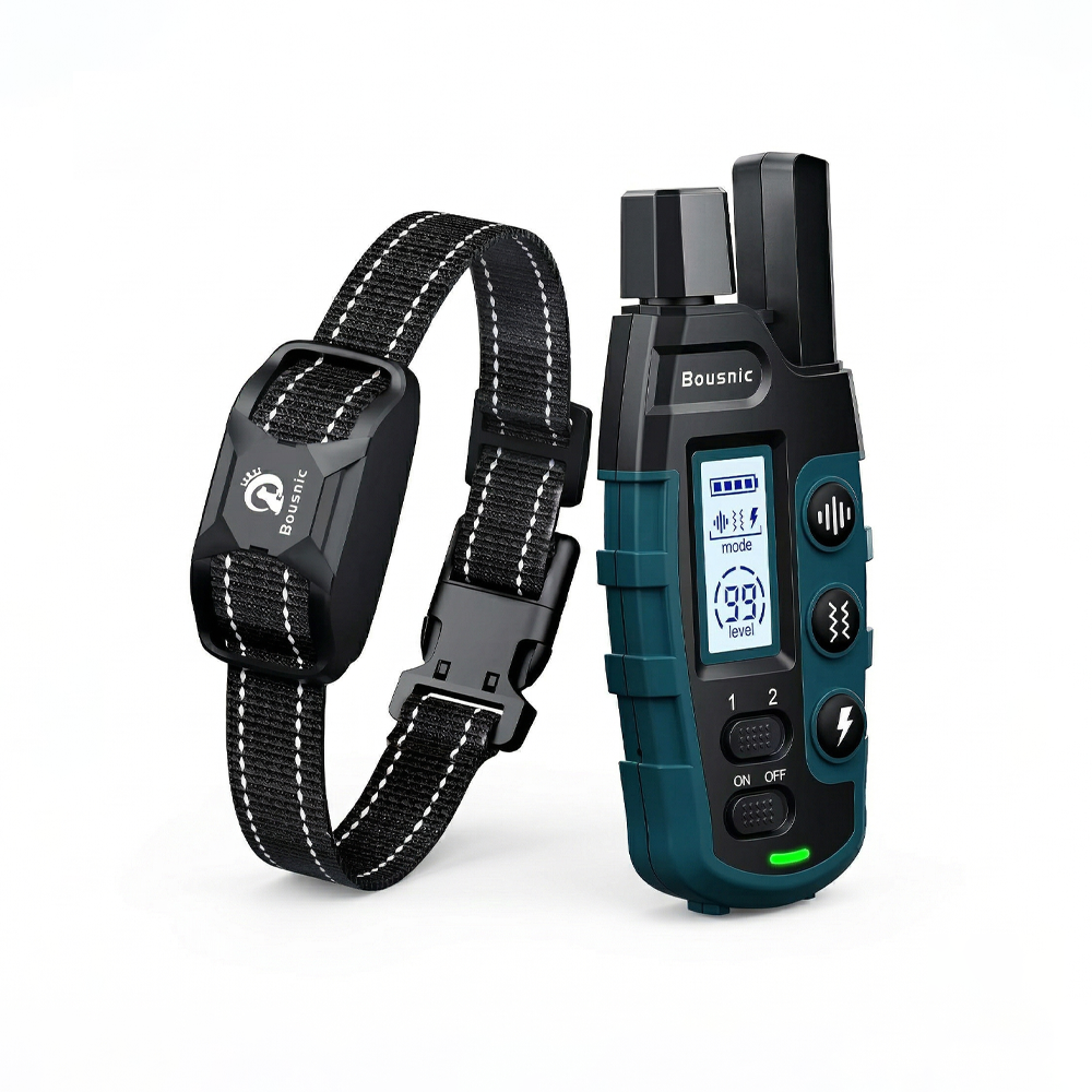 Close-up view of the Bousnic dog training collar system, showing the handheld remote with LCD screen and buttons alongside the collar receiver unit.