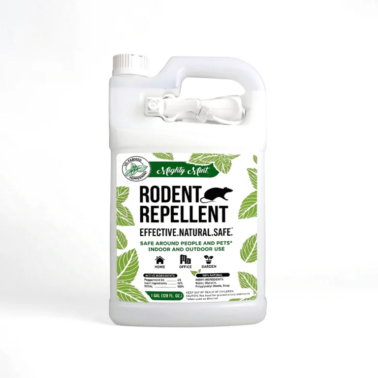 A 1-gallon jug of Mighty Mint Peppermint Oil Rodent Repellent Spray for mice and rats, featuring an attached trigger sprayer.