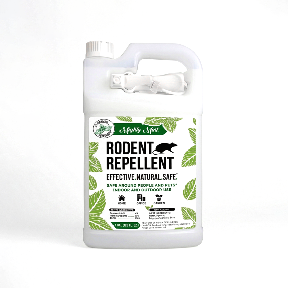 A 1-gallon jug of Mighty Mint Peppermint Oil Rodent Repellent Spray for mice and rats, featuring an attached trigger sprayer.