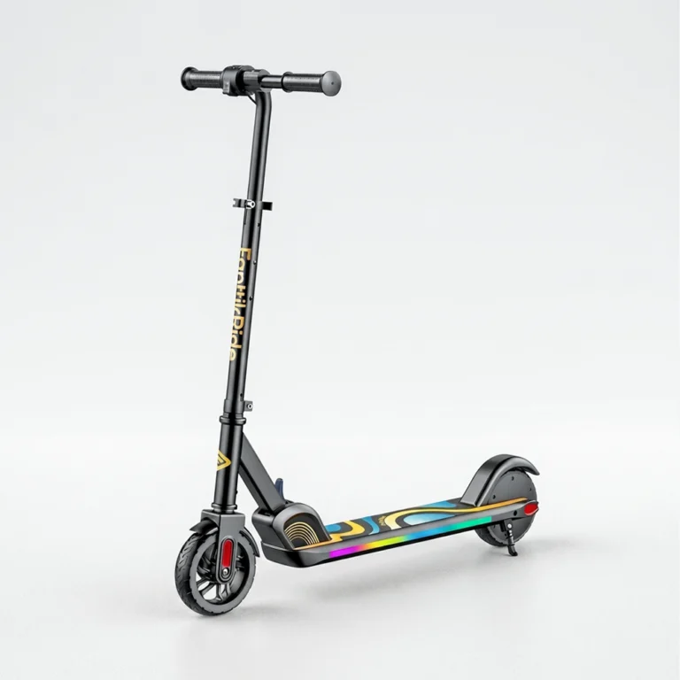 A studio shot of the FanttikRide C9 Pro Kids electric scooter, featuring a matte black frame, the brand logo on the stem, a vibrant RGB LED light strip on the deck, front/rear wheels, and a compact design against a plain white background.
