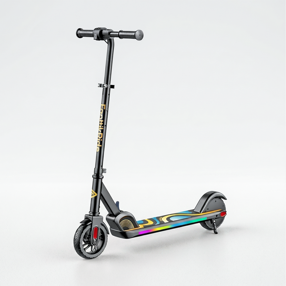 A studio shot of the FanttikRide C9 Pro Kids electric scooter, featuring a matte black frame, the brand logo on the stem, a vibrant RGB LED light strip on the deck, front/rear wheels, and a compact design against a plain white background.