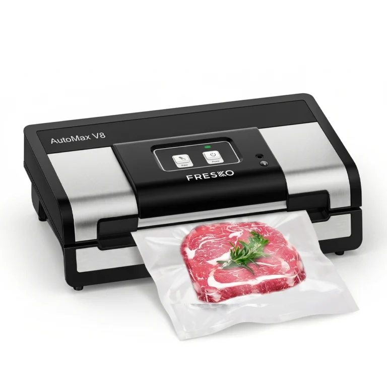 A FRESKO V8 automatic vacuum sealer perfectly sealing a raw steak in a vacuum bag, showcasing its hands-free operation for food preservation.