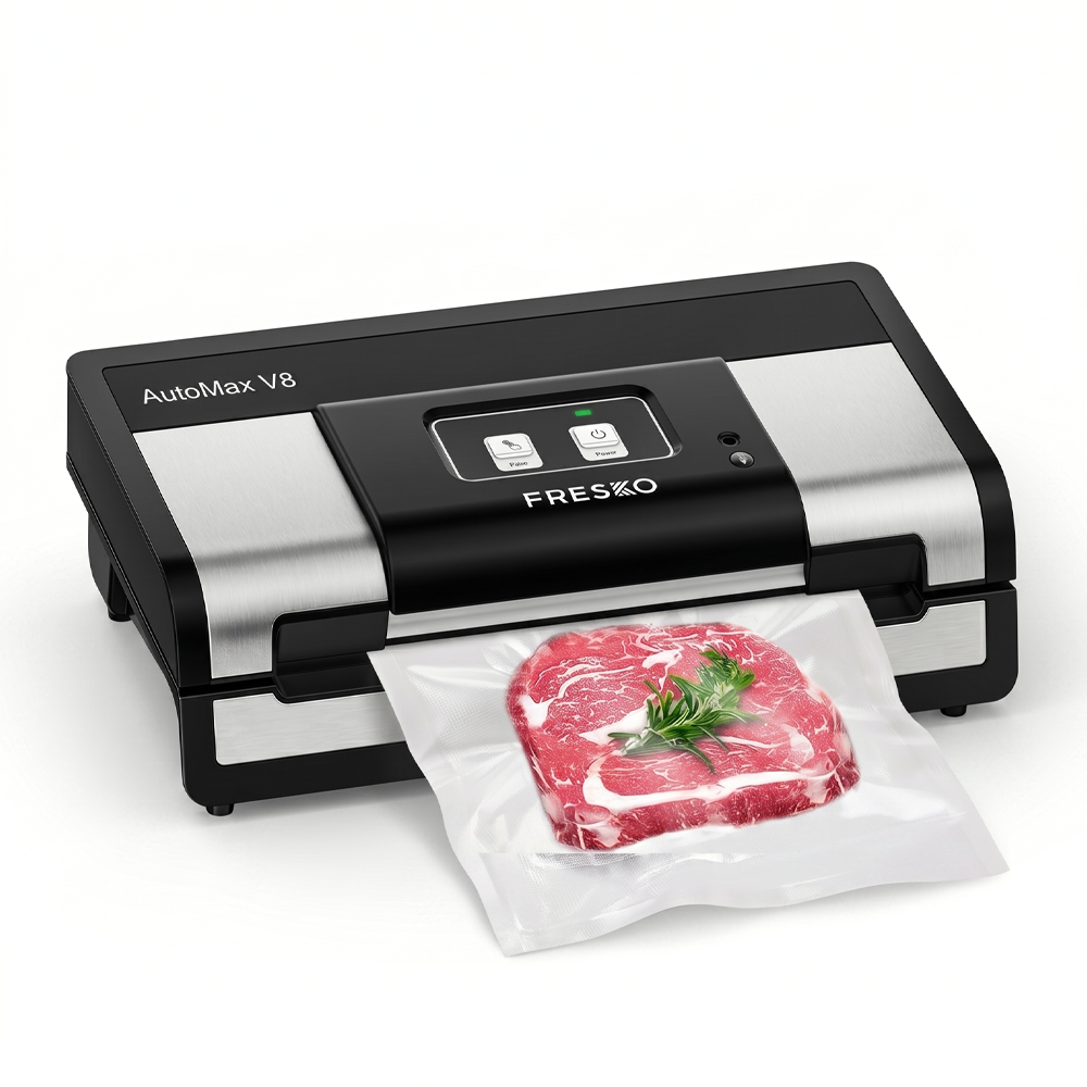 A FRESKO V8 automatic vacuum sealer perfectly sealing a raw steak in a vacuum bag, showcasing its hands-free operation for food preservation.