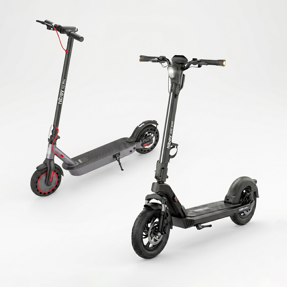 A split-screen comparison image of the lightweight, zero-maintenance Hiboy S2 Pro versus the heavy, comfortable big wheel Hiboy X300.