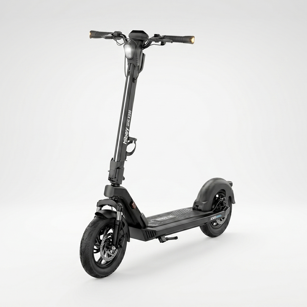 A 3/4 view of the Hiboy X300 with its 12-inch pneumatic big wheels, which deliver a plush ride but add significant weight for carrying.