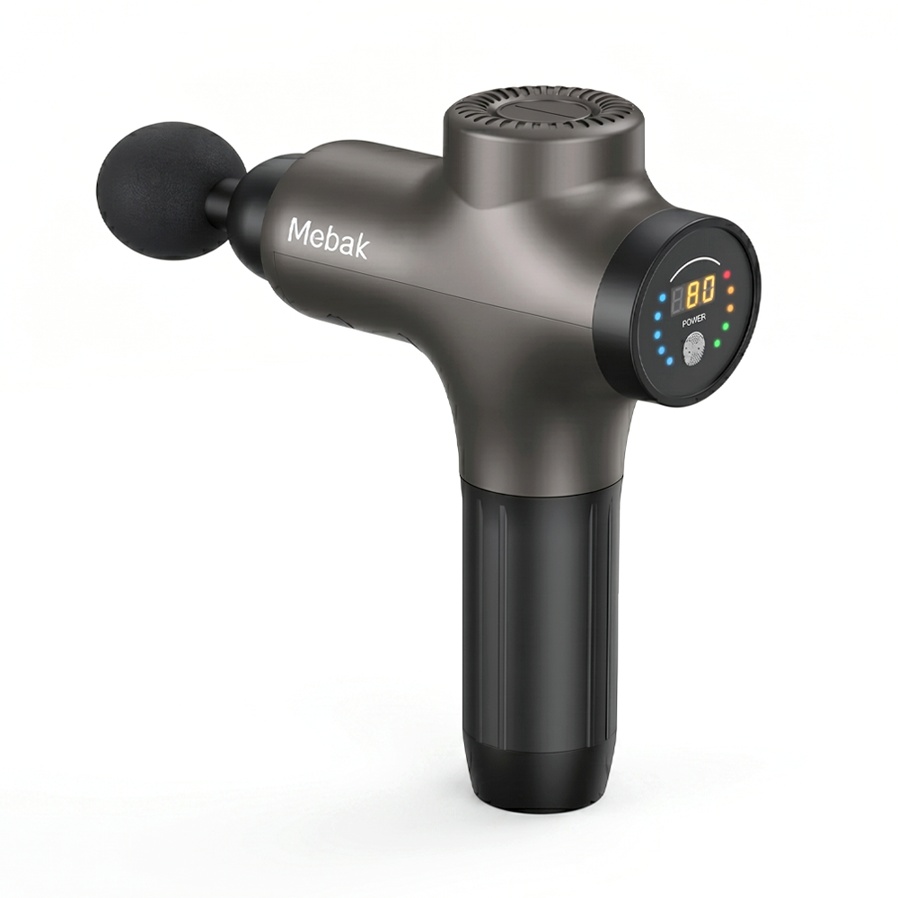 A full view of the Mebak 3 deep tissue massage gun, showcasing its sleek matte design and ergonomic handle for muscle recovery and pain relief.