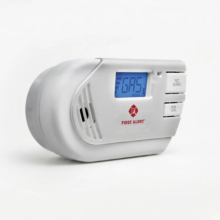 A white First Alert brand plug-in explosive gas and carbon monoxide alarm featuring a blue backlit LCD digital display (showing the word "GAS"), placed on a white seamless background in a professional photo studio with soft lighting.