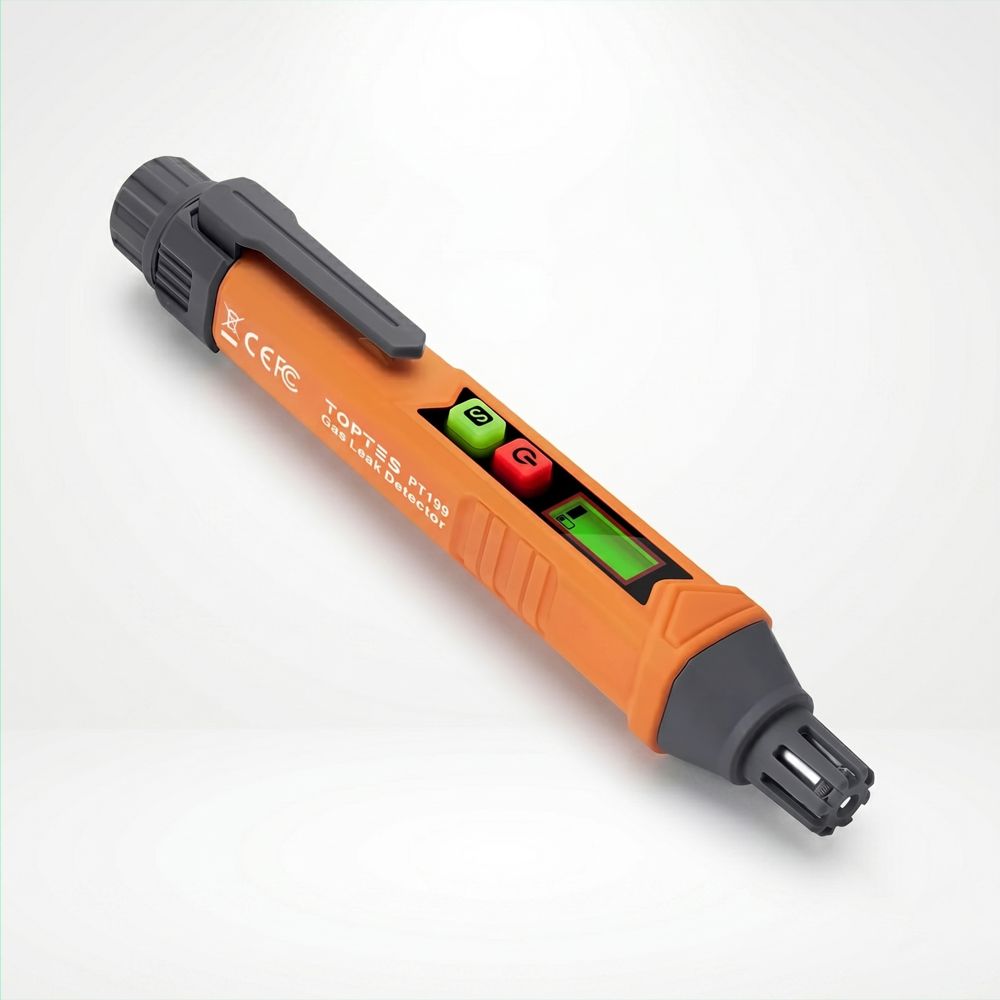 An orange and dark gray TopTes PT199 pen-style combustible gas leak detector, featuring green and red operation buttons, a small LCD screen, and a pocket clip, placed on a white seamless background in a professional photo studio with soft lighting.
