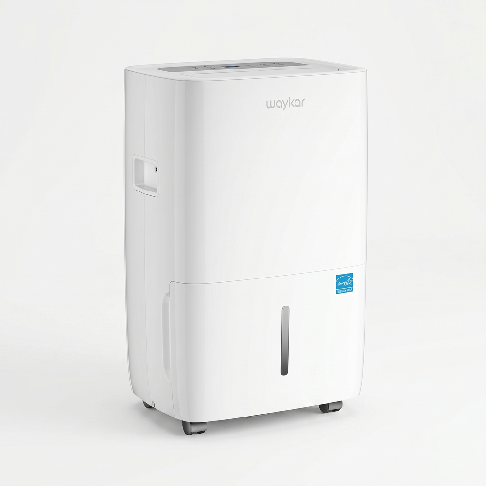 A white Waykar dehumidifier with smooth, rounded edges. It includes a top control panel with a digital display, a blue Energy Star label on the front right, and a lower water bucket equipped with a vertical water level window.