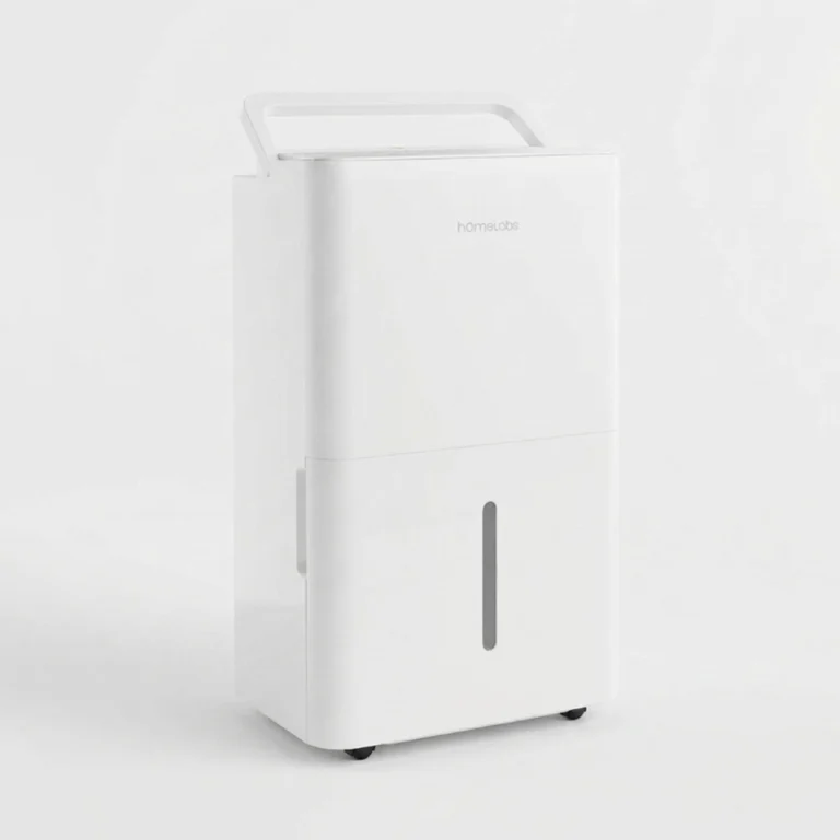 A modern, white hOmeLabs dehumidifier with a sleek design. It features a wide handle integrated into the top and a slim, vertical water level viewing window on the front water bucket.